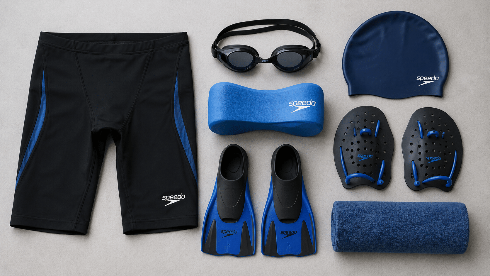 Equipamiento completo de natación: antiparras, gorro, traje, aletas, pull buoy y paddles dispuestos sobre fondo neutro