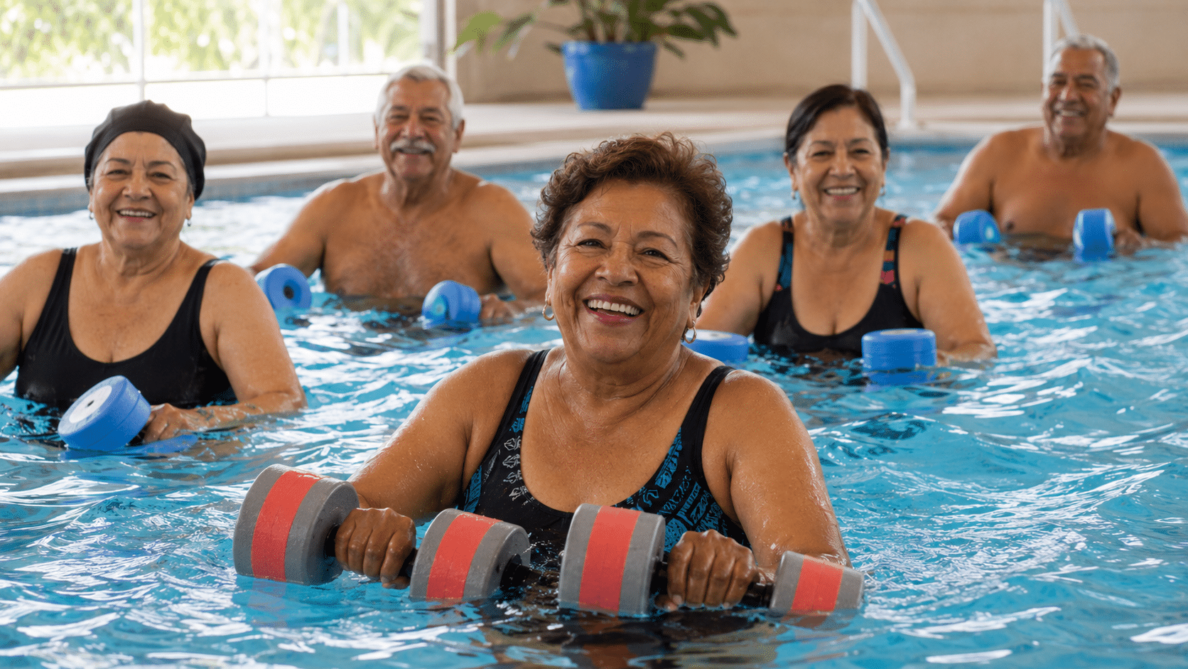 Grupo de adultos mayores en clase de aquagym usando flotadores de espuma en pileta cubierta climatizada