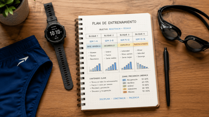 Cuaderno de planificación de entrenamiento de natación abierto sobre el deck de la pileta