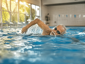 Adulto nadando con confianza y competencia técnica en pileta climatizada