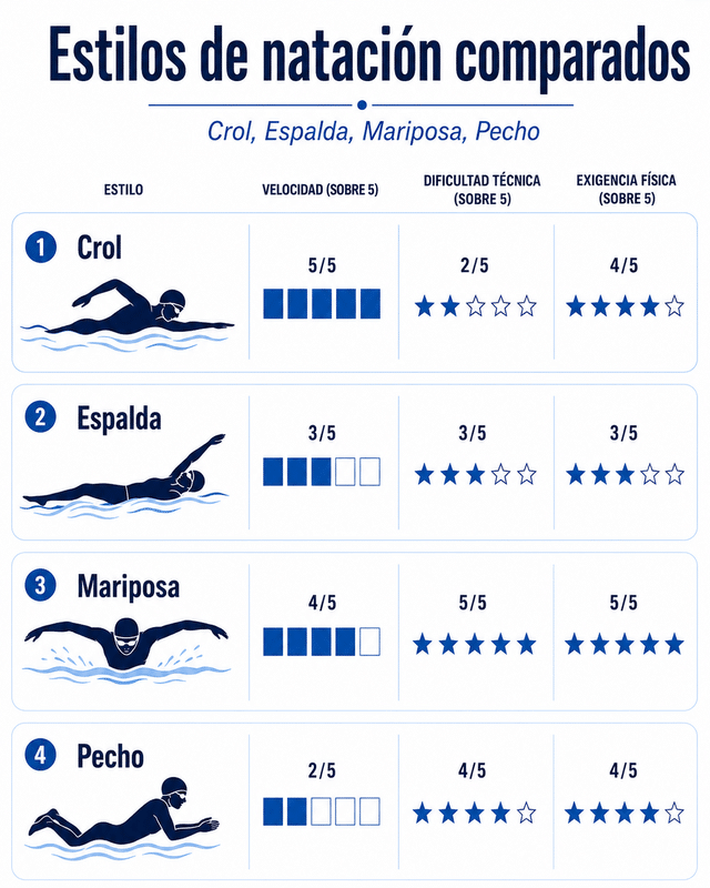 Infografía comparativa de los 4 estilos de natación: velocidad, dificultad técnica y demanda física