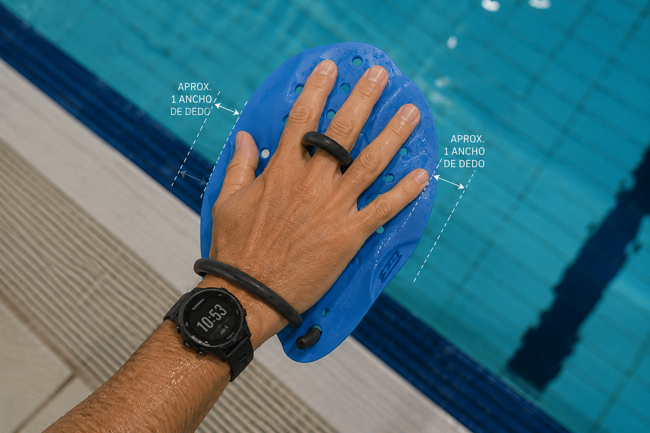Mano con paddle de natación mostrando el tamaño correcto un dedo más allá del borde de la mano