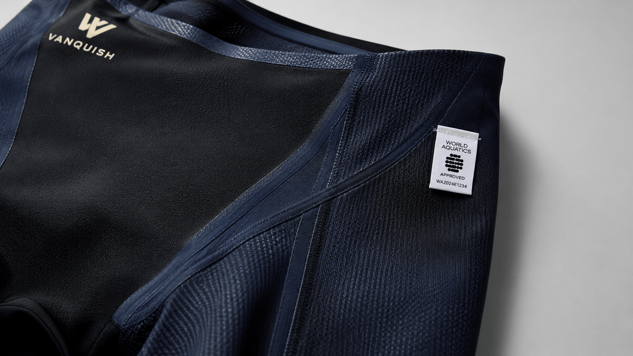 Detalle de un tech suit de competición con costuras selladas y etiquet a de aprobación World Aquatics