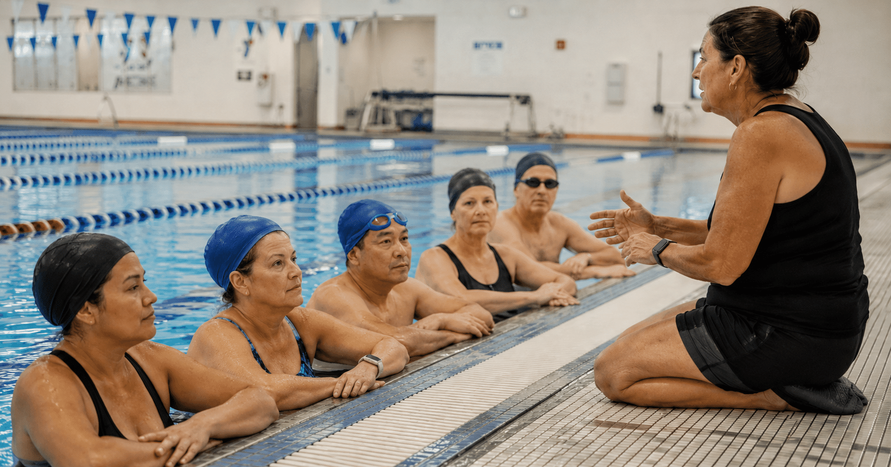 Clase grupal de natación con adultos principiantes escuchando al profesor en el borde de la pileta