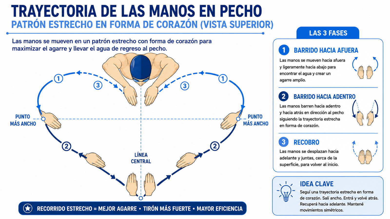 Diagrama vista cenital de la brazada de braza mostrando forma de corazón estrecho con outsweep, insweep y recovery