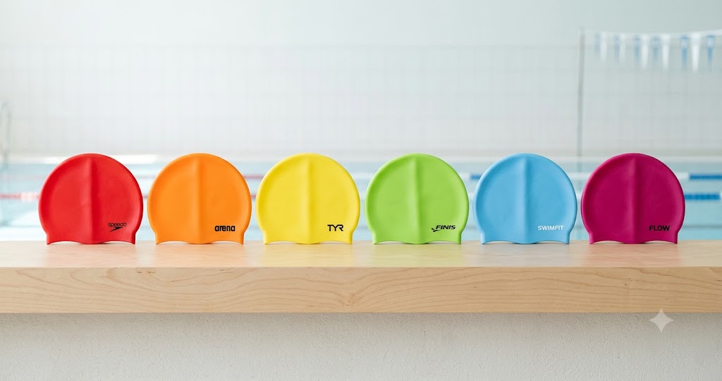 Varios gorros de natación de distintos materiales y colores