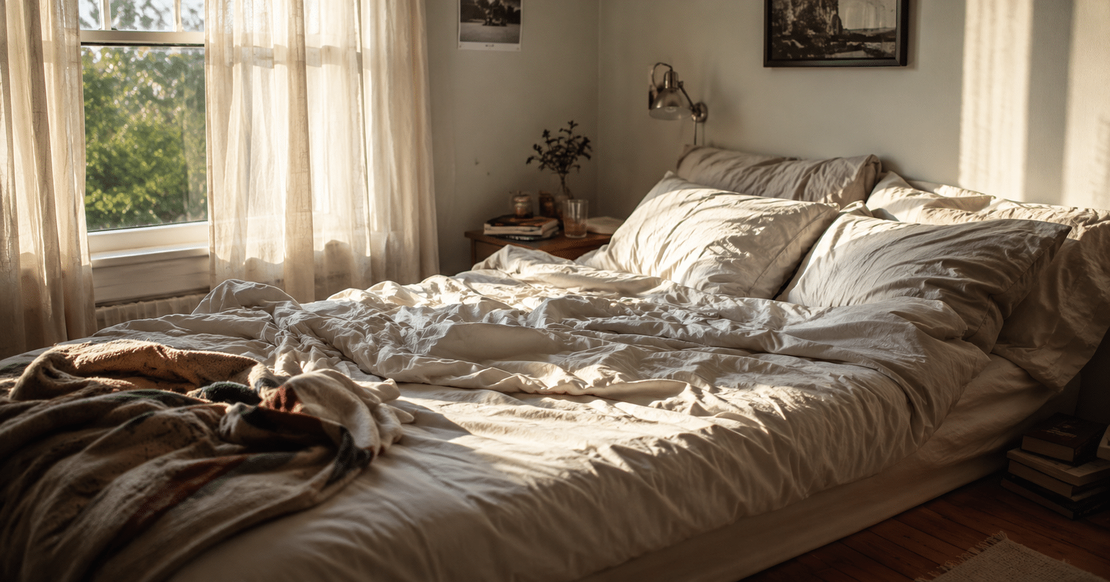 Habitación con luz del amanecer y cama deshecha sugiriendo sueño reparador