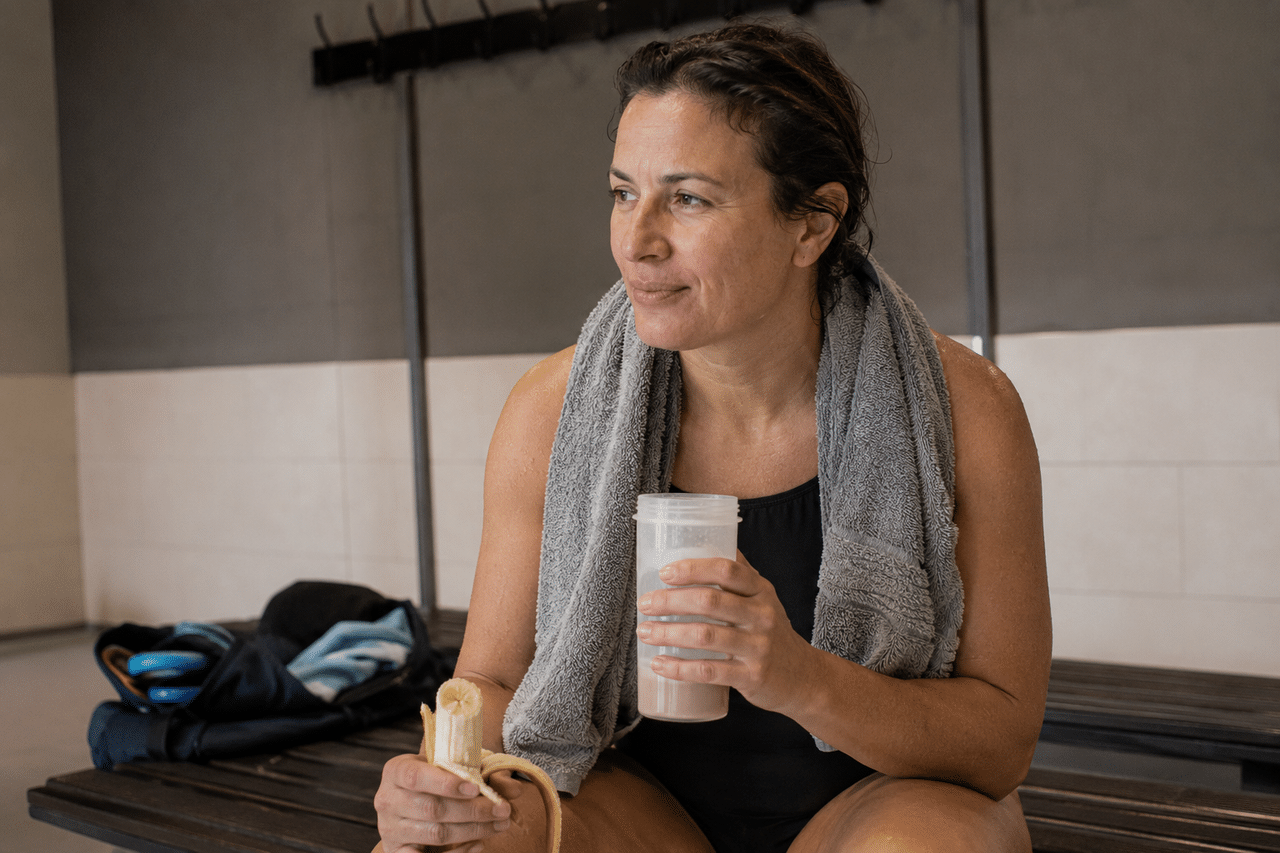 Nadador adulto con snack de recuperación después de la sesión