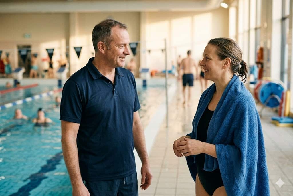 Profesor de natación adulto conversando con alumno principiante al borde de la pileta