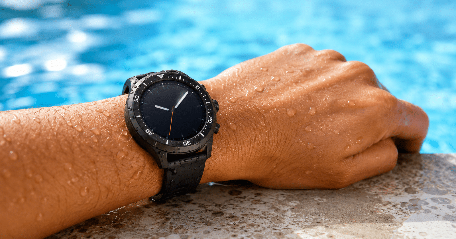 Reloj deportivo en la muñeca junto a la pileta