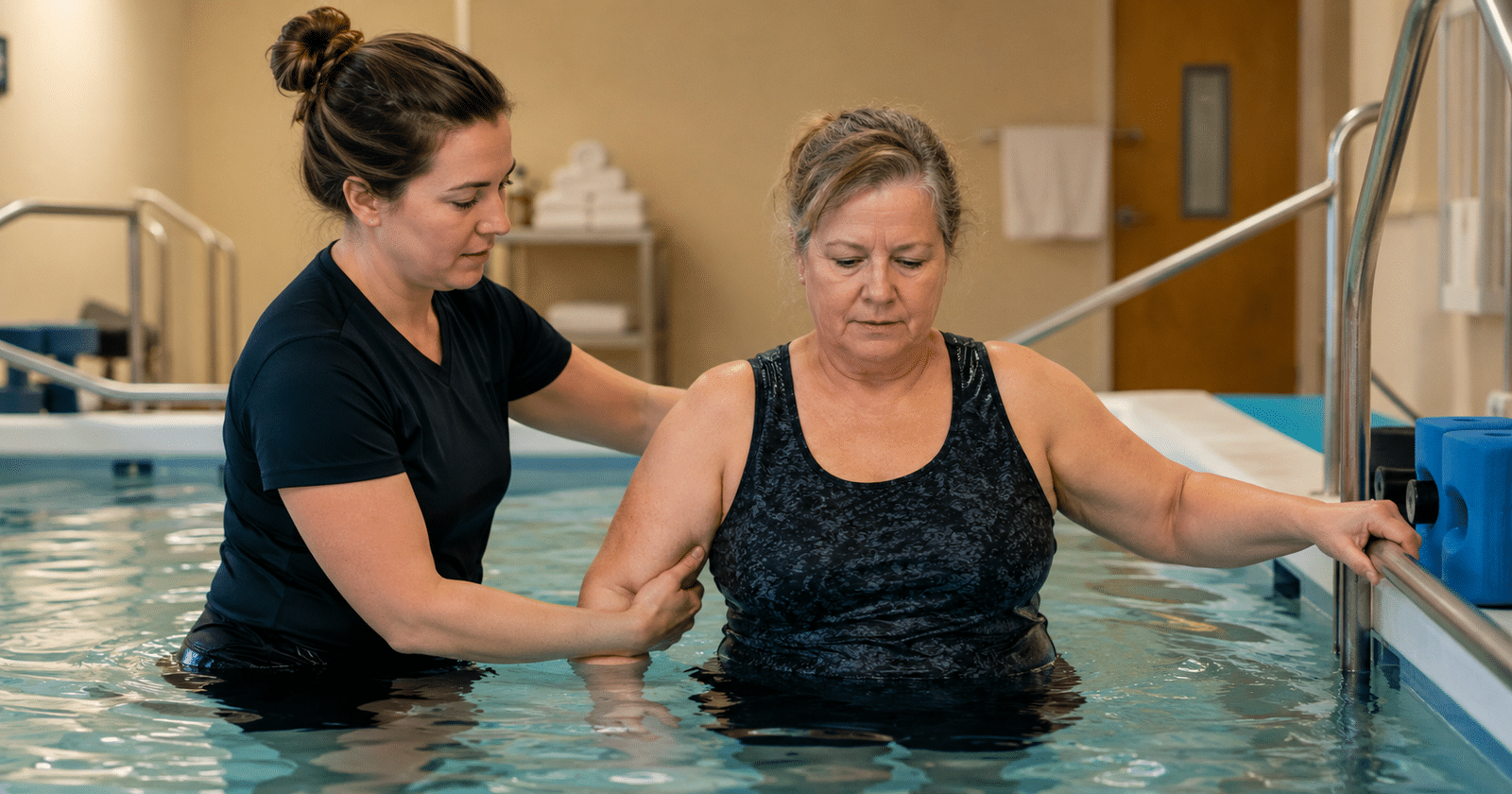 Kinesiólogo trabajando con paciente adulto en pileta terapéutica durante sesión de hidroterapia