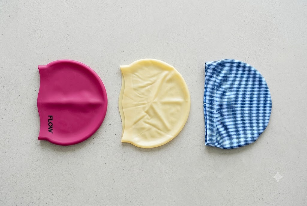 Tres gorros de natación: silicona, látex y tela