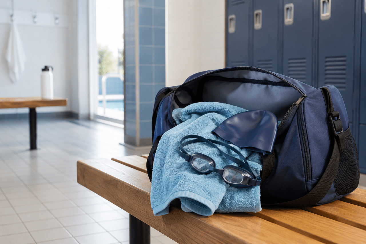 Vestuario de natatorio con un bolso de natación y el equipo básico