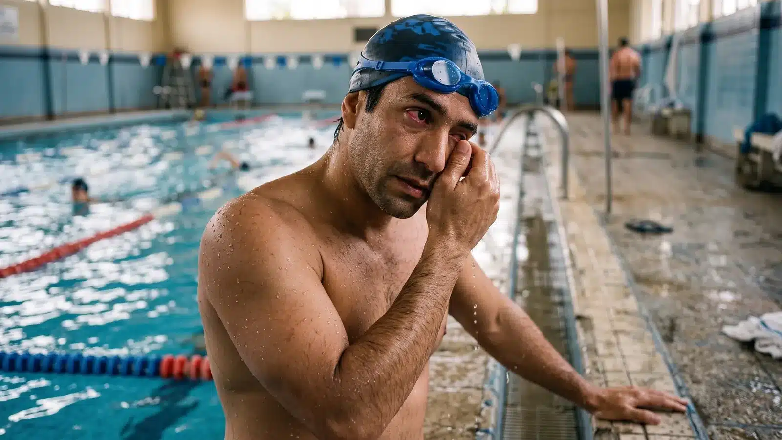 Nadador adulto con los ojos enrojecidos después de entrenar