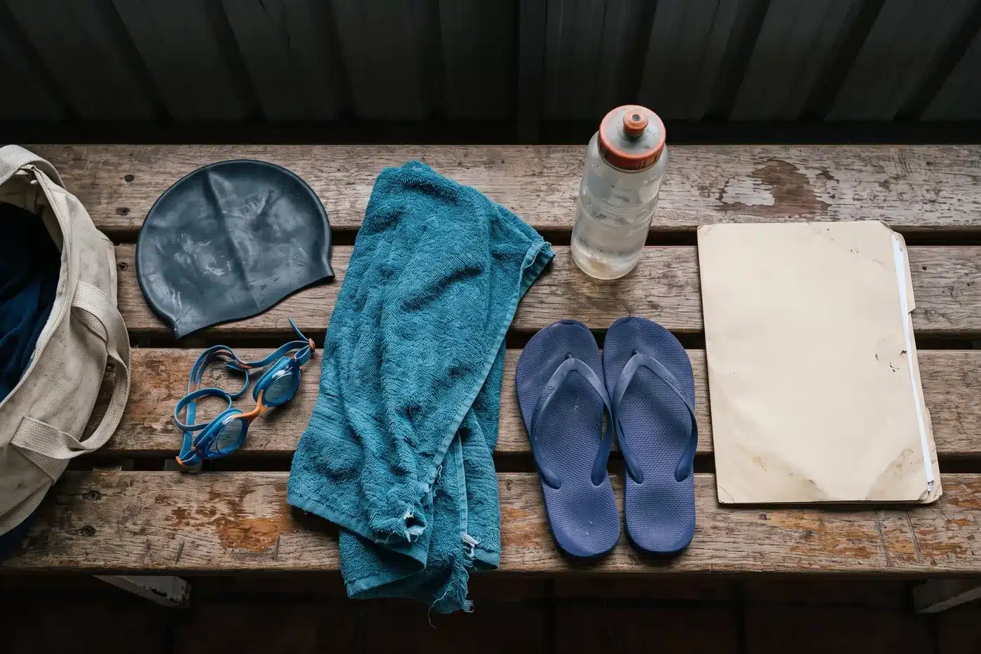 Bolso de natación desplegado sobre un banco de vestuario