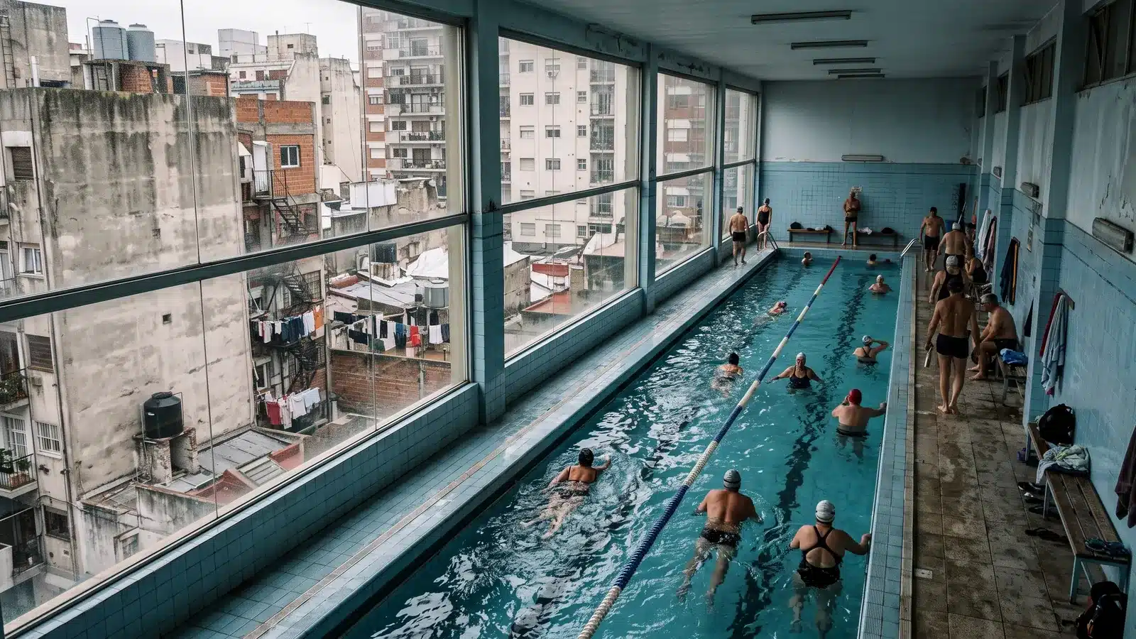 Pileta climatizada de club urbano rodeada de edificios de departamentos