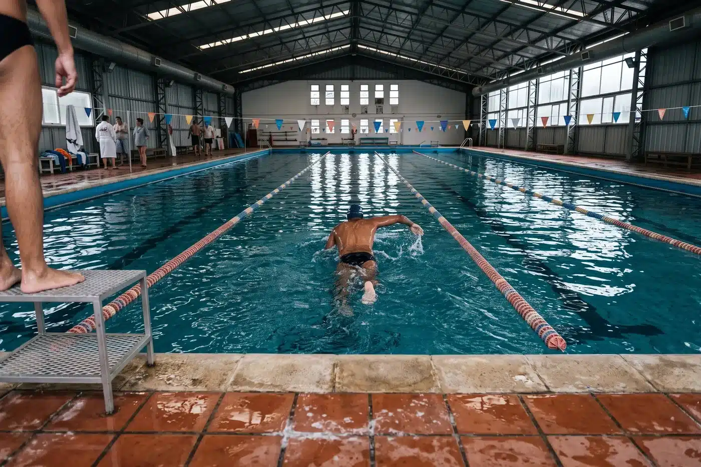 Carril de 50 metros visto a lo largo desde el nivel del agua