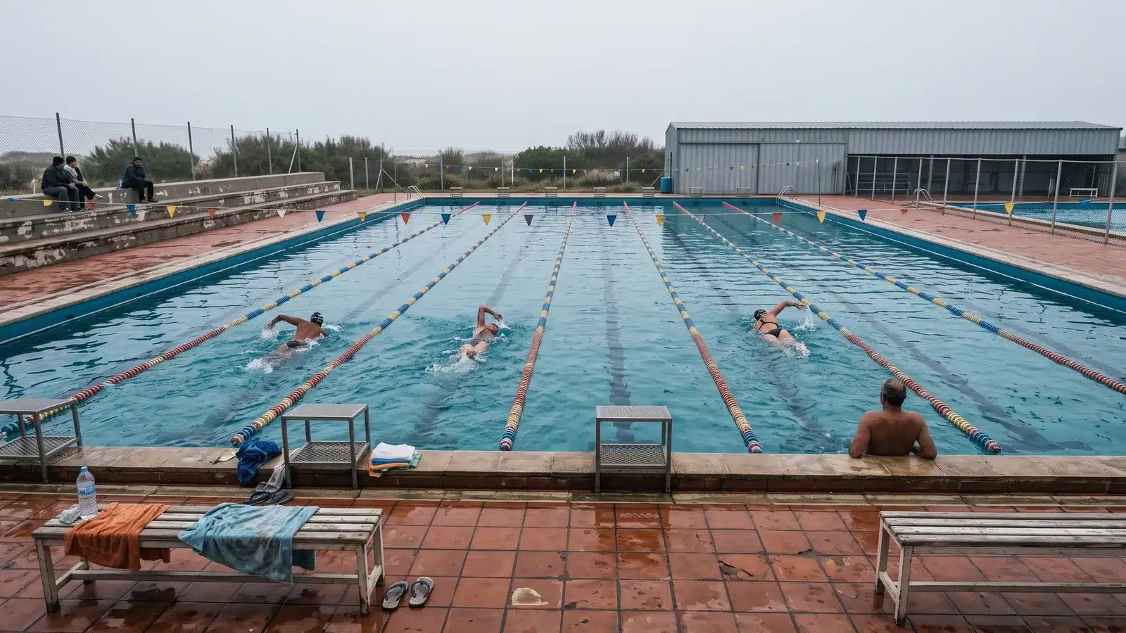 Piscina de 50 metros al aire libre bajo cielo gris costero