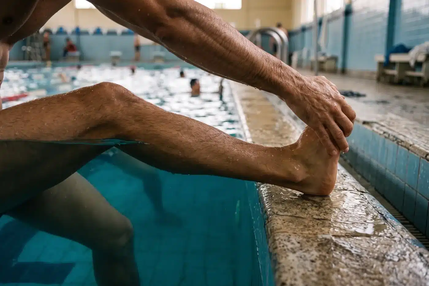 Estiramiento de gemelo tomando el pie dentro del agua