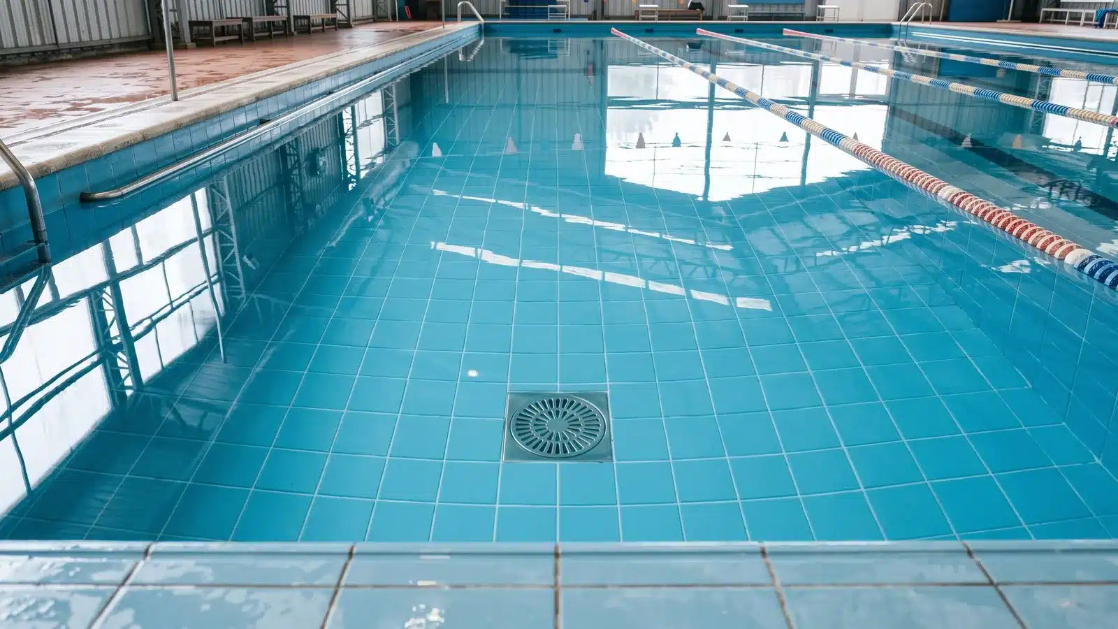 Agua de pileta transparente con la rejilla del fondo visible desde el borde