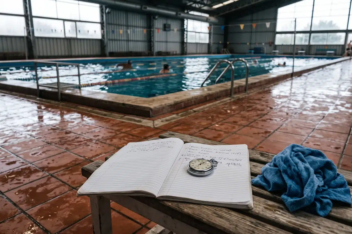 Cuaderno de anotaciones y cronómetro en el borde de la pileta