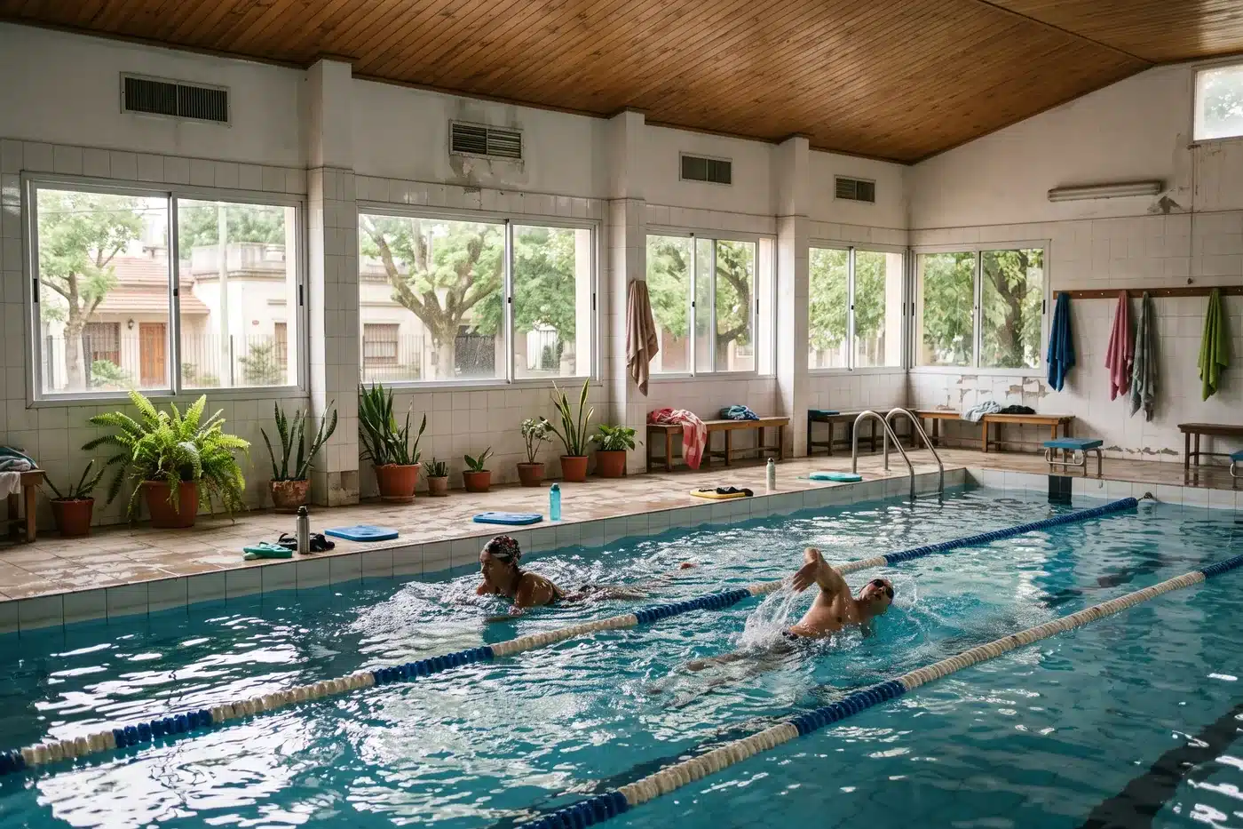 Pileta climatizada techada de un club de barrio con cuatro andariveles