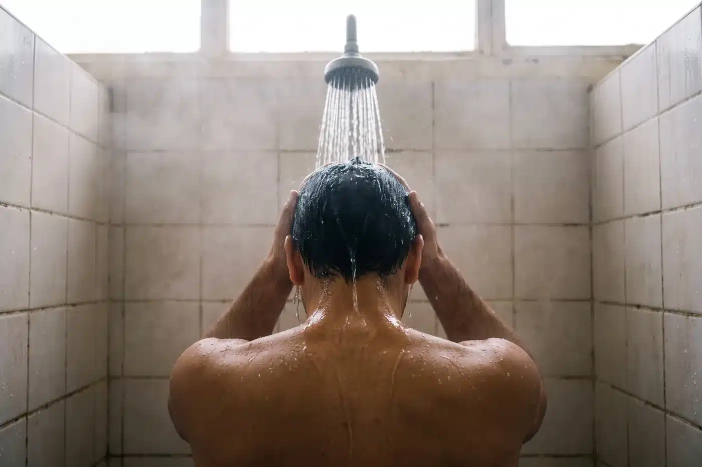 Persona enjuagándose el pelo en la ducha del vestuario después de nadar