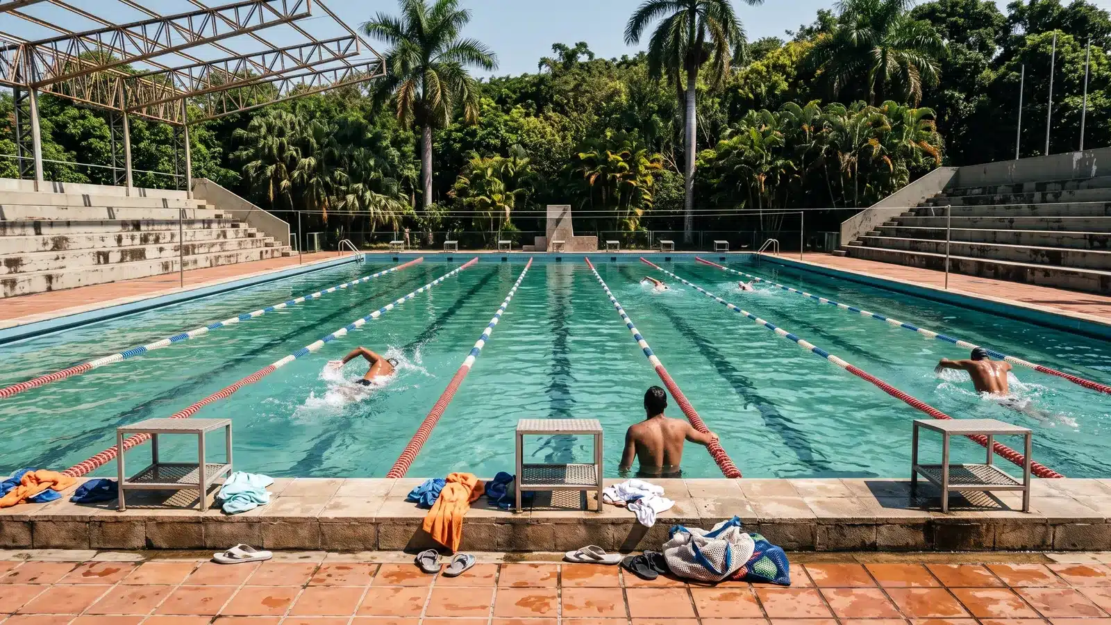 Piscina de 50 metros al aire libre rodeada de vegetación tropical