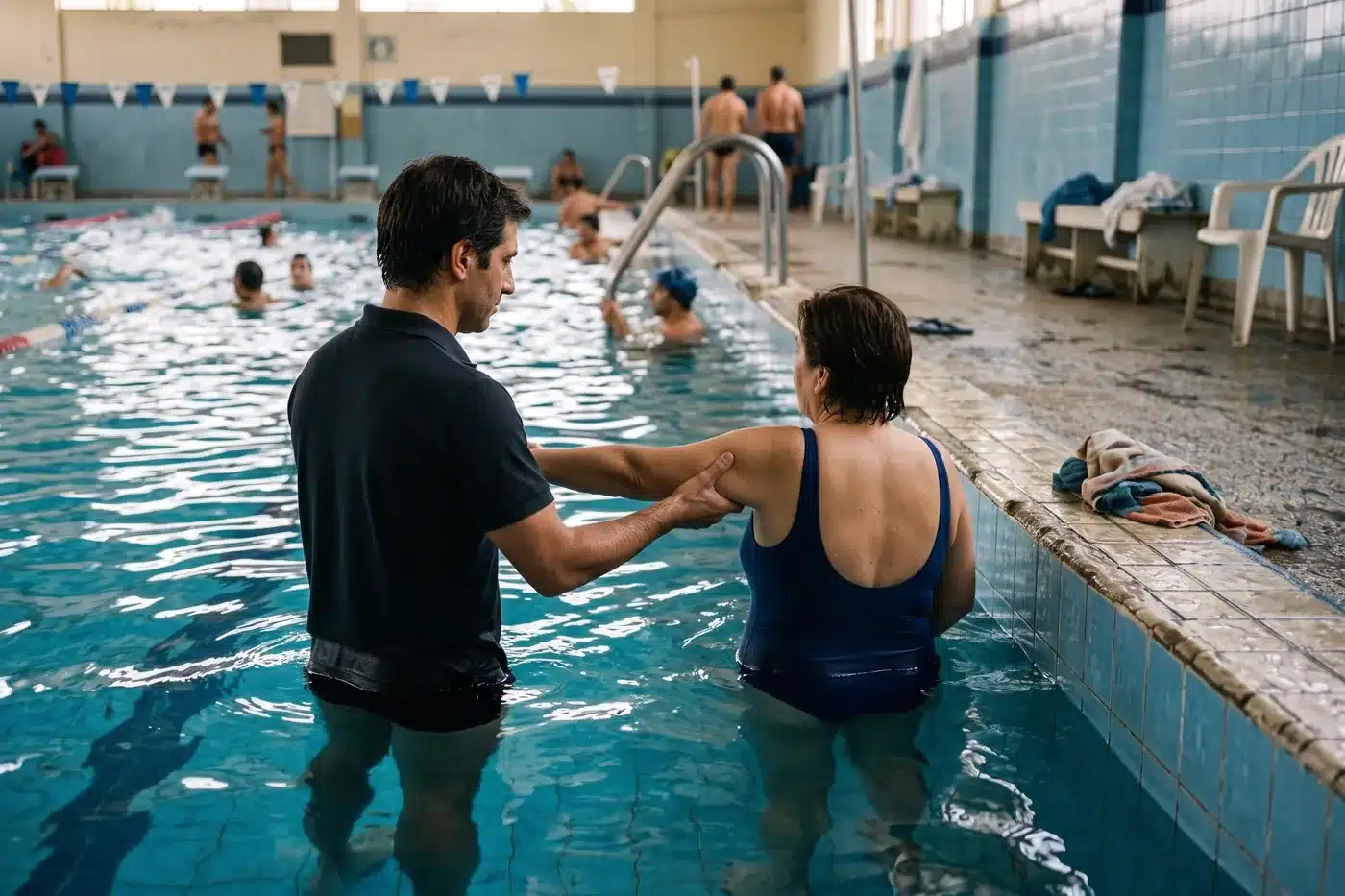 Sesión de rehabilitación acuática guiada por un kinesiólogo