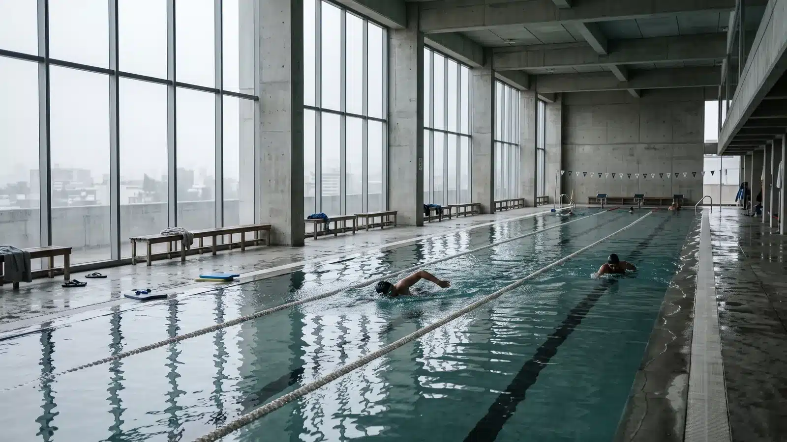 Piscina cubierta con muro de vidrio y luz gris difusa de altiplano