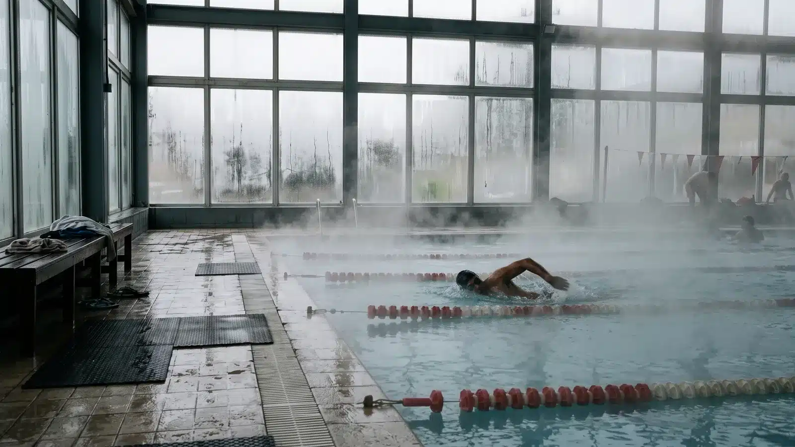 Piscina temperada cubierta con vapor sobre la superficie del agua