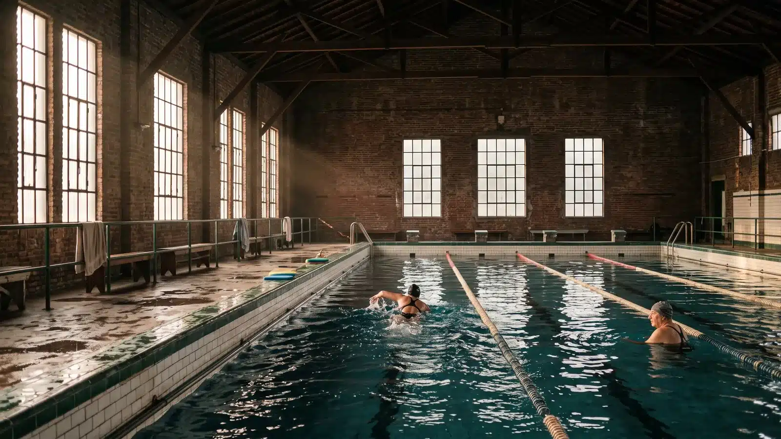 Piscina cubierta de club tradicional con paredes de ladrillo y ventanales de hierro